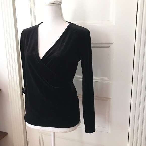 J.Crew Mercantile Black Stretch Velvet Wrap Top - Picture 2 of 7